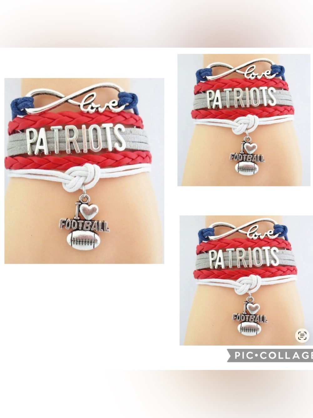 3- New Patriots Football Charm Bracelet in Red & White